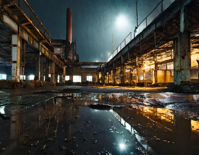 Abandoned Industrial Factory Interior At Night In Rain
