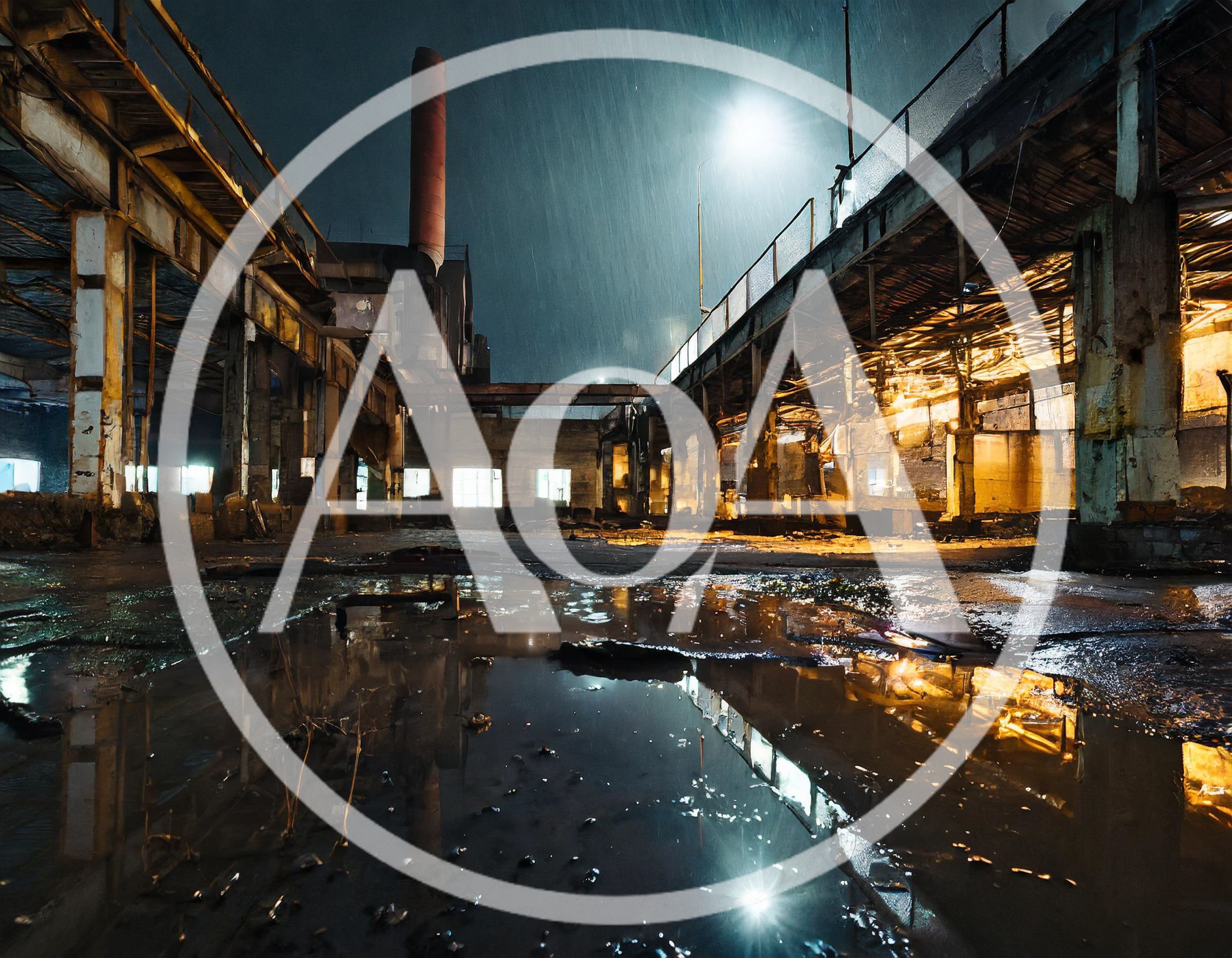 Abandoned Industrial Factory Interior At Night In Rain