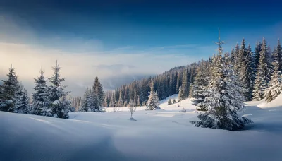 Snow Covered Pine Forest In Winter Mountains