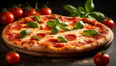 Fresh Pepperoni Pizza With Basil And Tomatoes