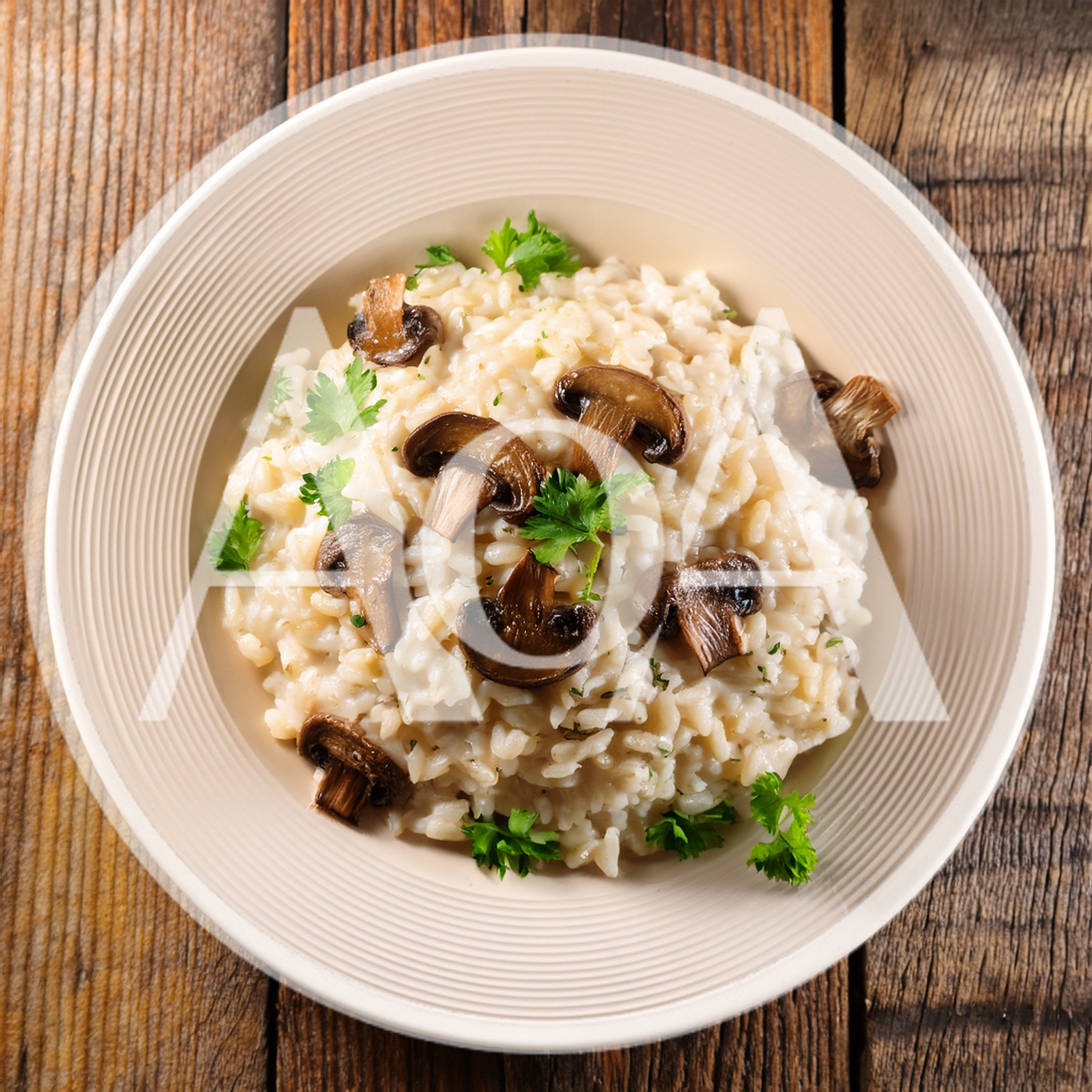 Creamy Mushroom Risotto Served In A White Bowl