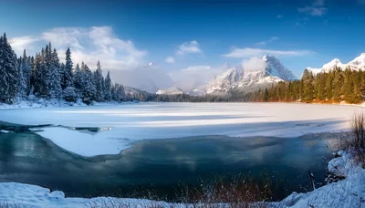 Panoramic View Of Frozen Lake And Snowy Mountains