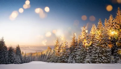 Snow Covered Pine Forest At Sunset With Bokeh Lights