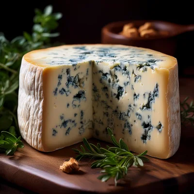 Wheel Of Blue Cheese On Wooden Board
