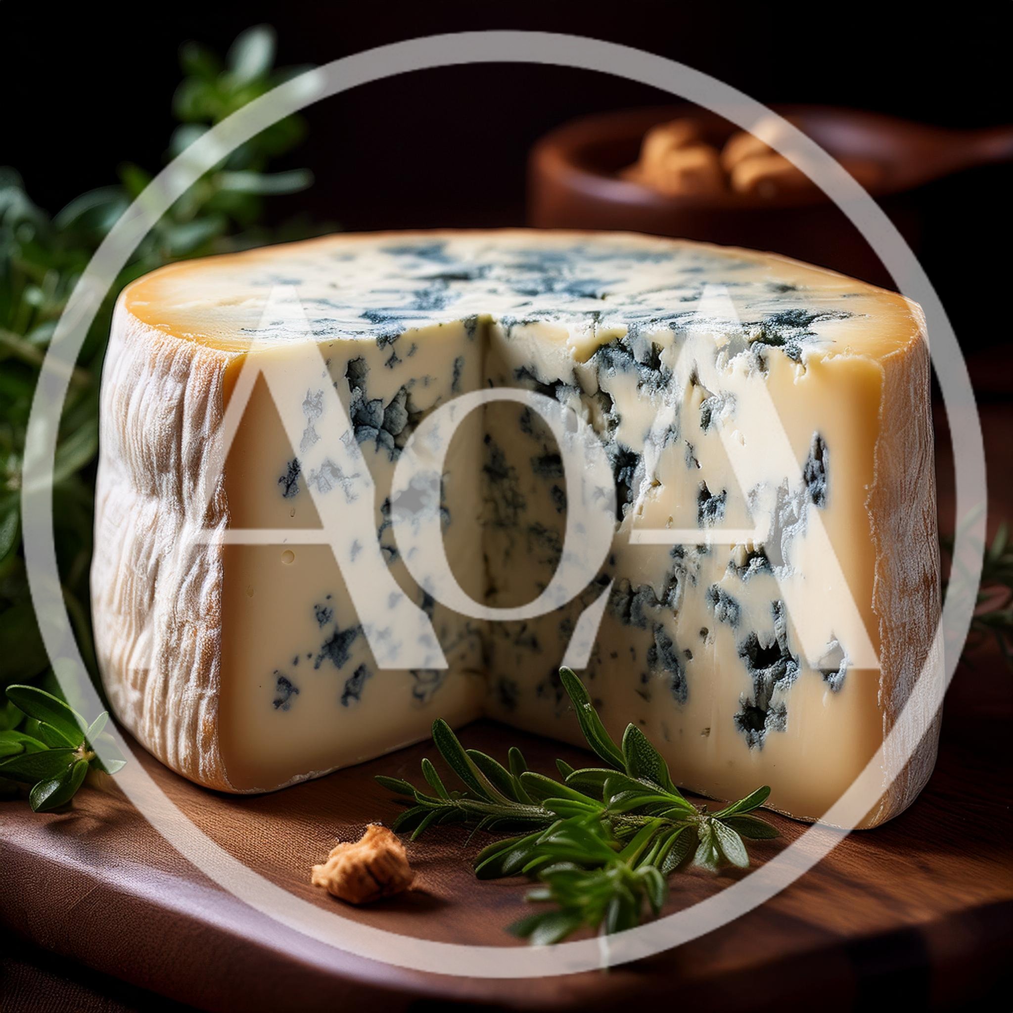 Wheel Of Blue Cheese On Wooden Board