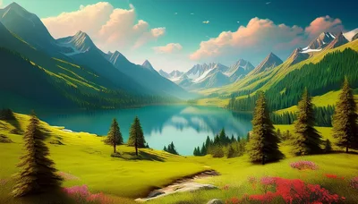 Scenic Alpine Lake Surrounded By Lush Green Mountains