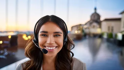 Smiling Customer Service Representative Wearing Headset