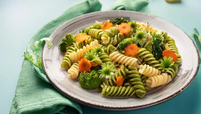 Plate Of Vegetable Fusilli Pasta With Broccoli And Carrots