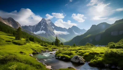 Alpine Valley Landscape With Glacial Stream And Mountains