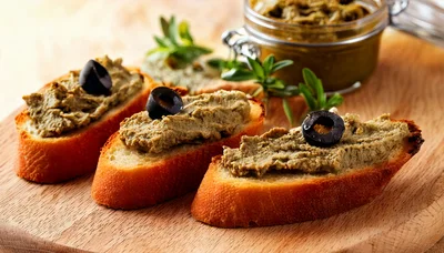 Three Toasted Baguette Slices Topped With Olive Tapenade