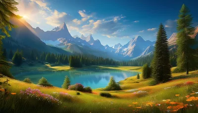 Scenic Alpine Lake Landscape With Mountain Peaks