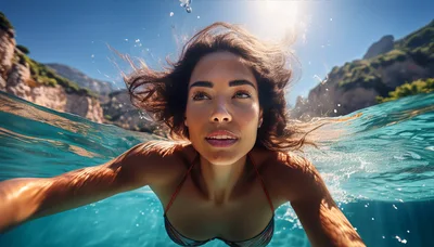 Young Woman Swimming Underwater In Clear Tropical Sea