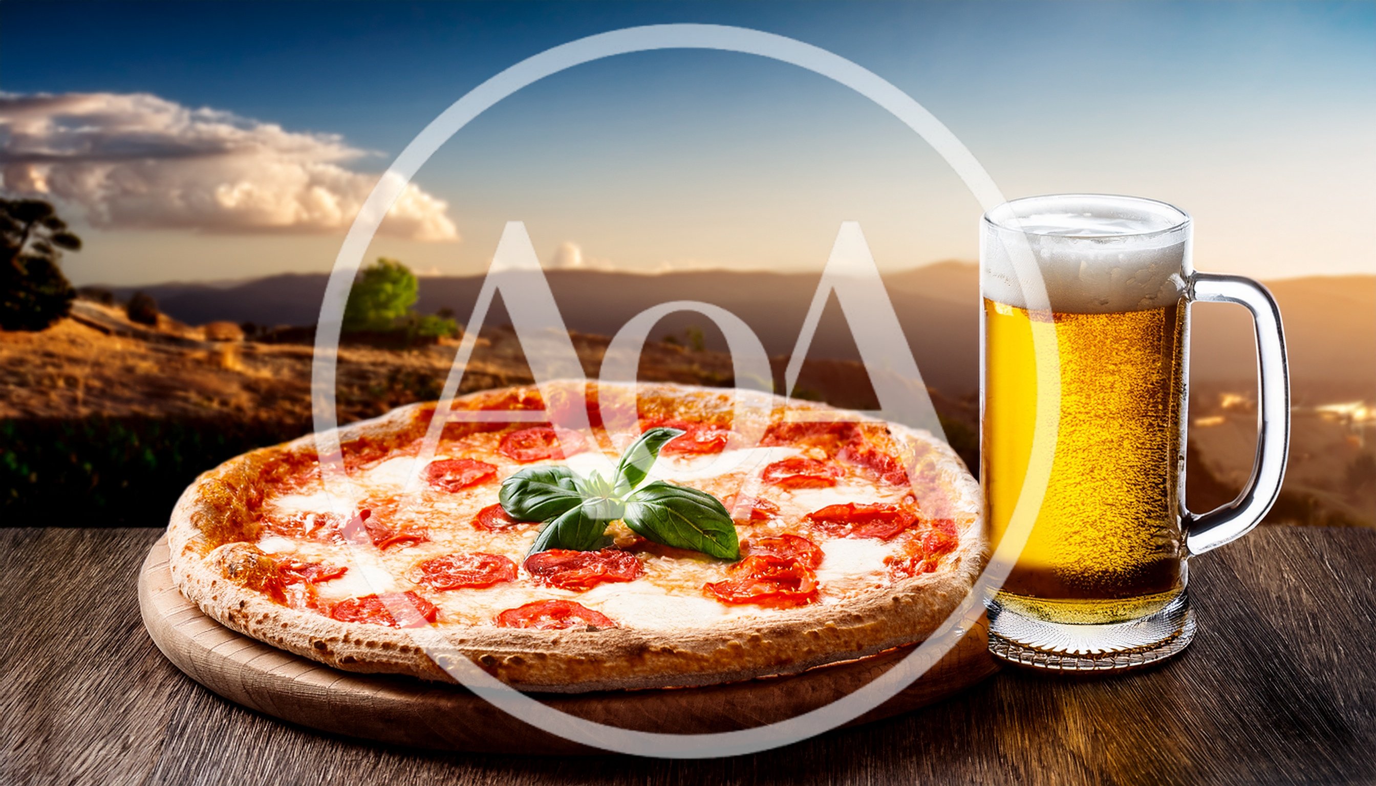 Pizza And Beer On A Wooden Table At Sunset