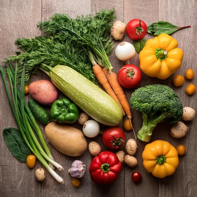 Fresh Organic Vegetables Arranged On Rustic Wooden Table