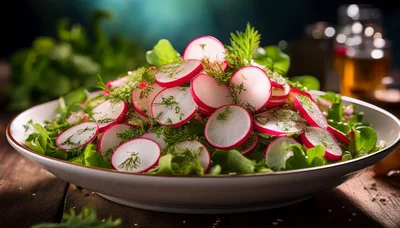 Fresh Radish Salad With Dill In A White Bowl