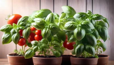 Potted Basil Plants With Fresh Cherry Tomatoes