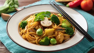Stir Fried Noodles With Vegetables In A Bowl