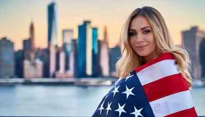 Blonde Woman Wrapped In American Flag Before City Skyline