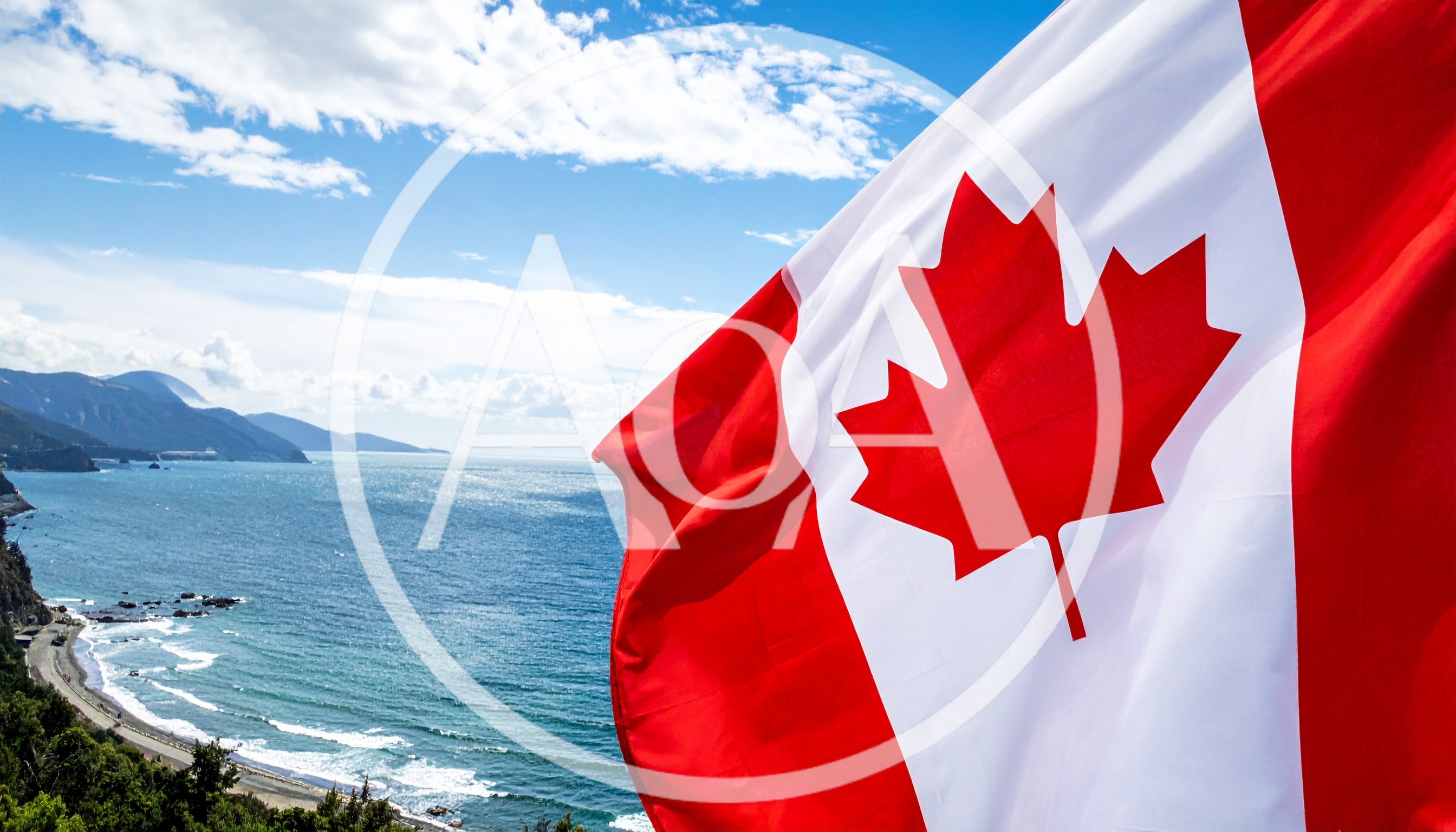 Canadian Flag Waving Over Coastal Landscape