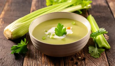 Bowl Of Creamy Celery Soup On Rustic Wooden Table