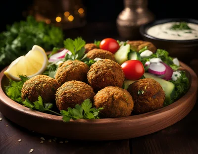 Fresh Falafel Platter With Vegetables And Tahini Sauce