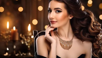 Elegant Woman Wearing Gold Necklace In Candlelit Setting