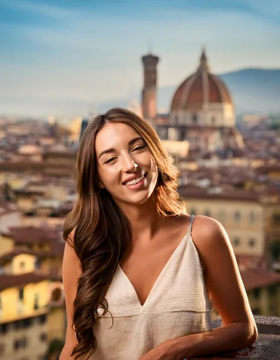 Young Woman Smiling In Front Of Florence Cathedral