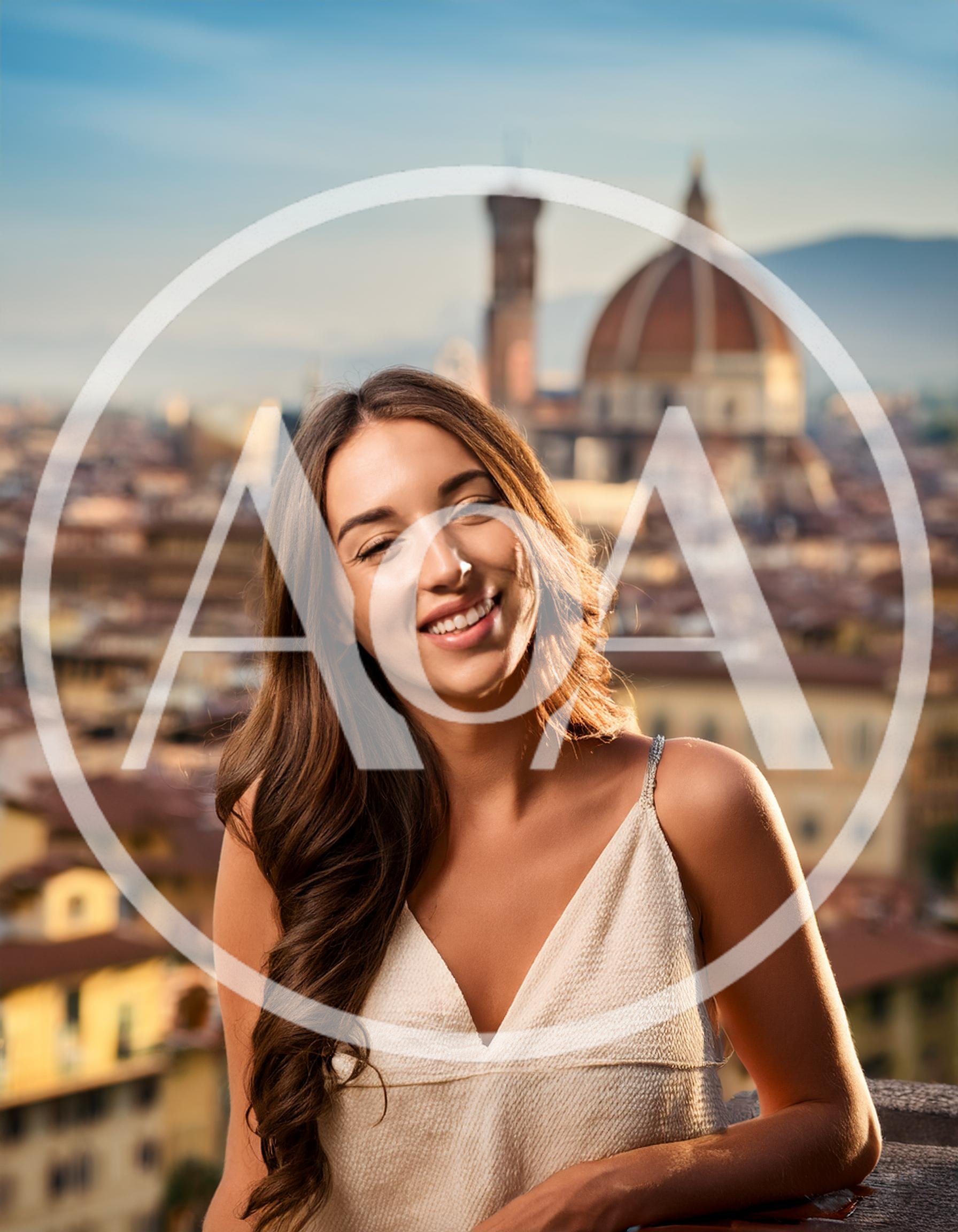 Young Woman Smiling In Front Of Florence Cathedral