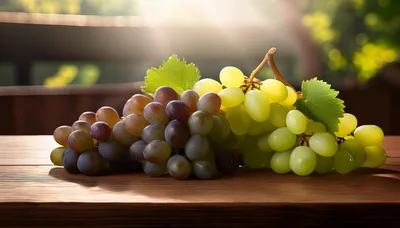 Fresh Green and Red Grapes on Wooden Table