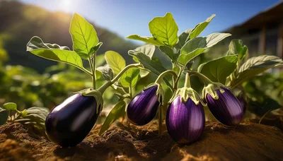 Fresh Purple Eggplants Growing On A Sunny Farm