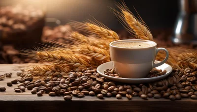Cup Of Coffee With Wheat Stalks And Coffee Beans