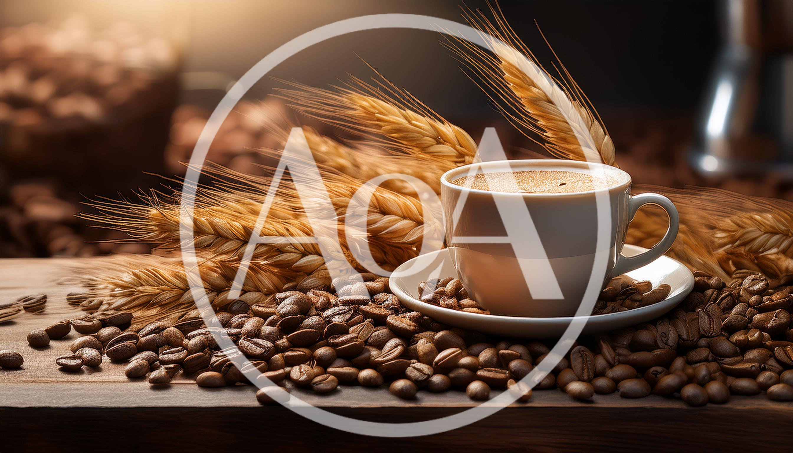Cup Of Coffee With Wheat Stalks And Coffee Beans
