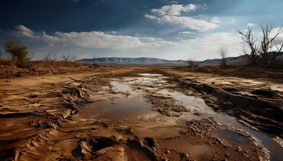 Muddy Tire Tracks Through Arid Desert Landscape