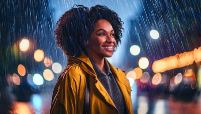 Smiling Woman Wearing Yellow Raincoat In City Rain