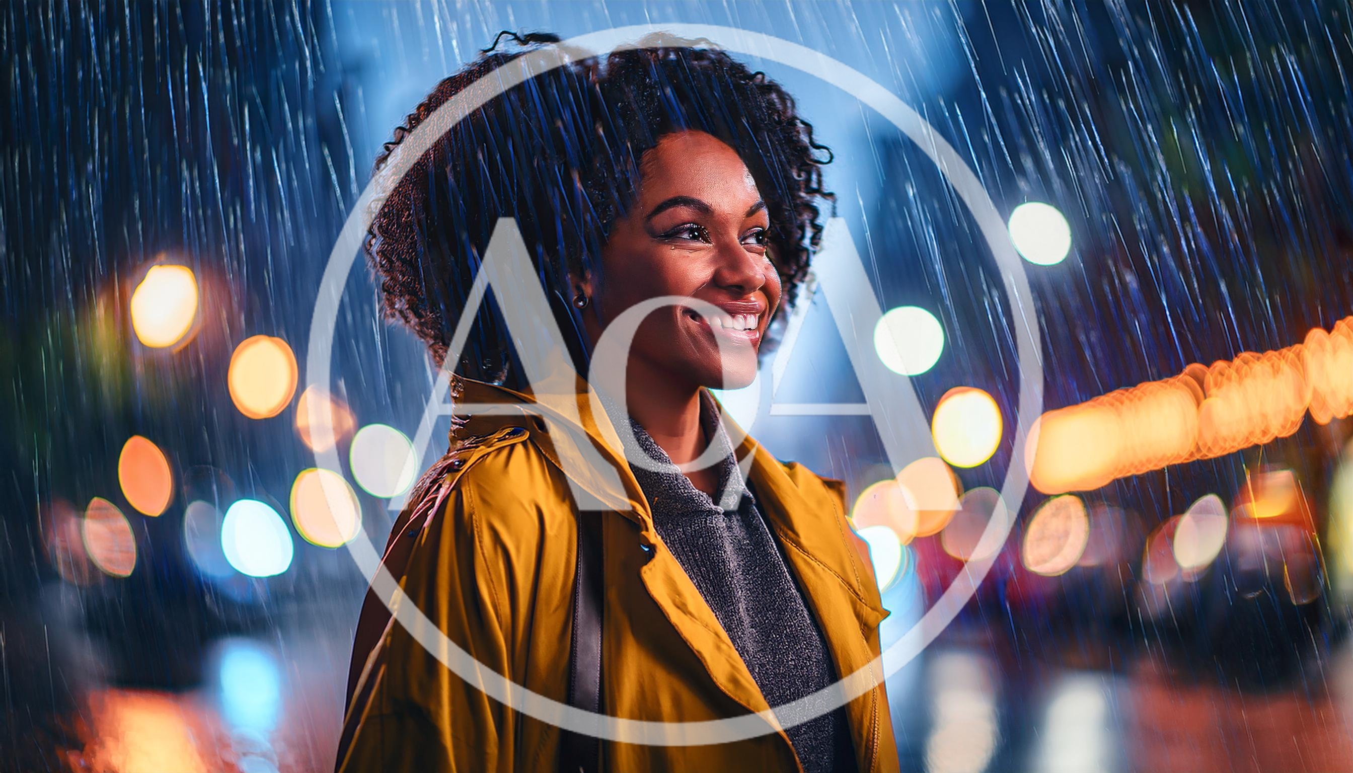 Smiling Woman Wearing Yellow Raincoat In City Rain