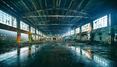Abandoned Industrial Warehouse Interior With Flooded Concrete Floor