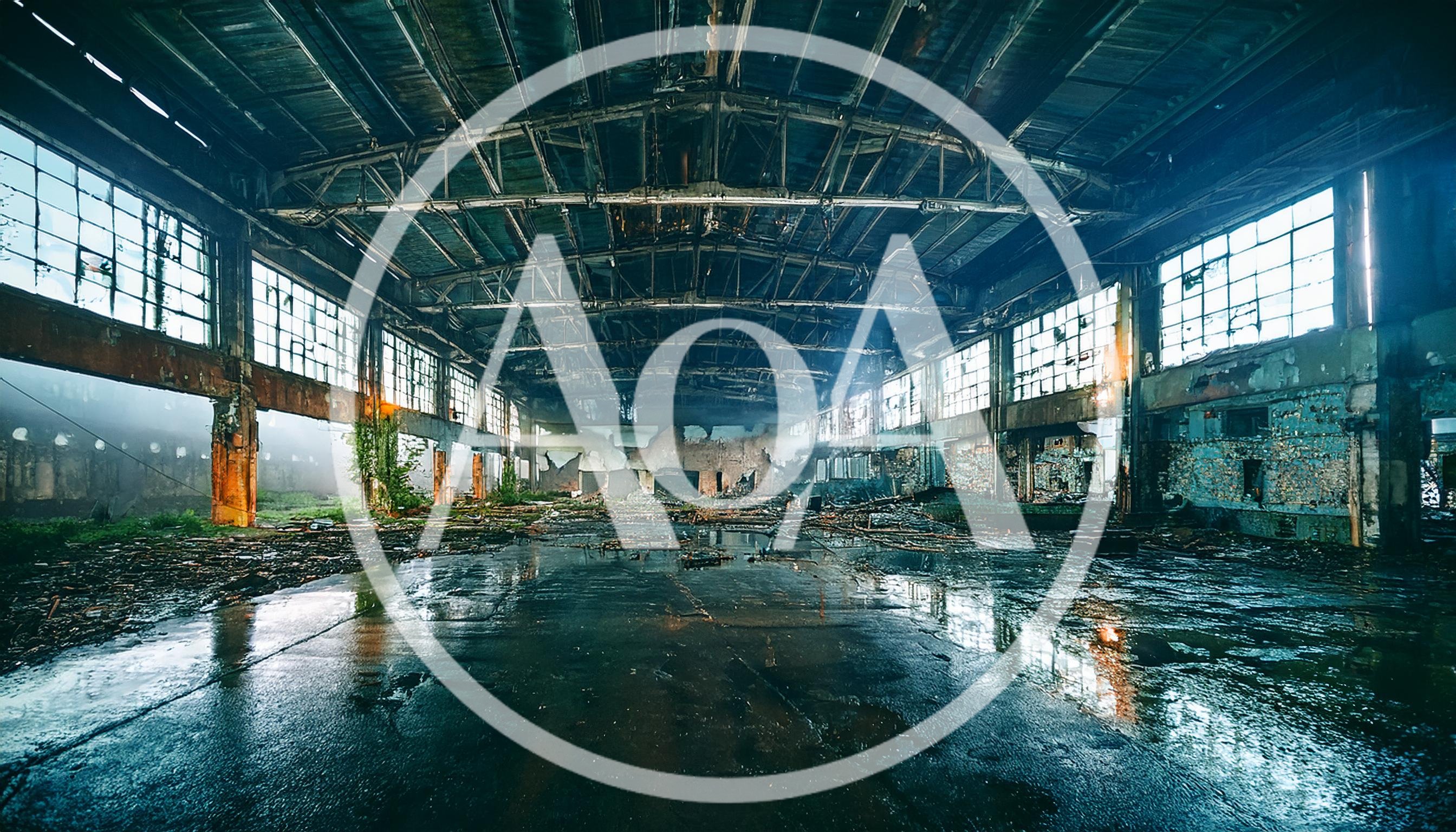 Abandoned Industrial Warehouse Interior With Flooded Concrete Floor