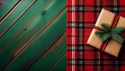 Christmas Gift Box on Plaid Fabric and Green Wood