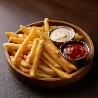 Golden French Fries With Ketchup And Mayonnaise Dips