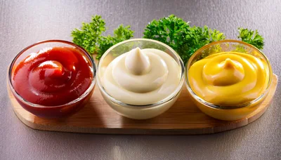 Three Glass Bowls With Ketchup Mayonnaise And Mustard