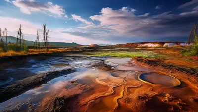 Surreal Landscape With Mineral Pools And Barren Trees