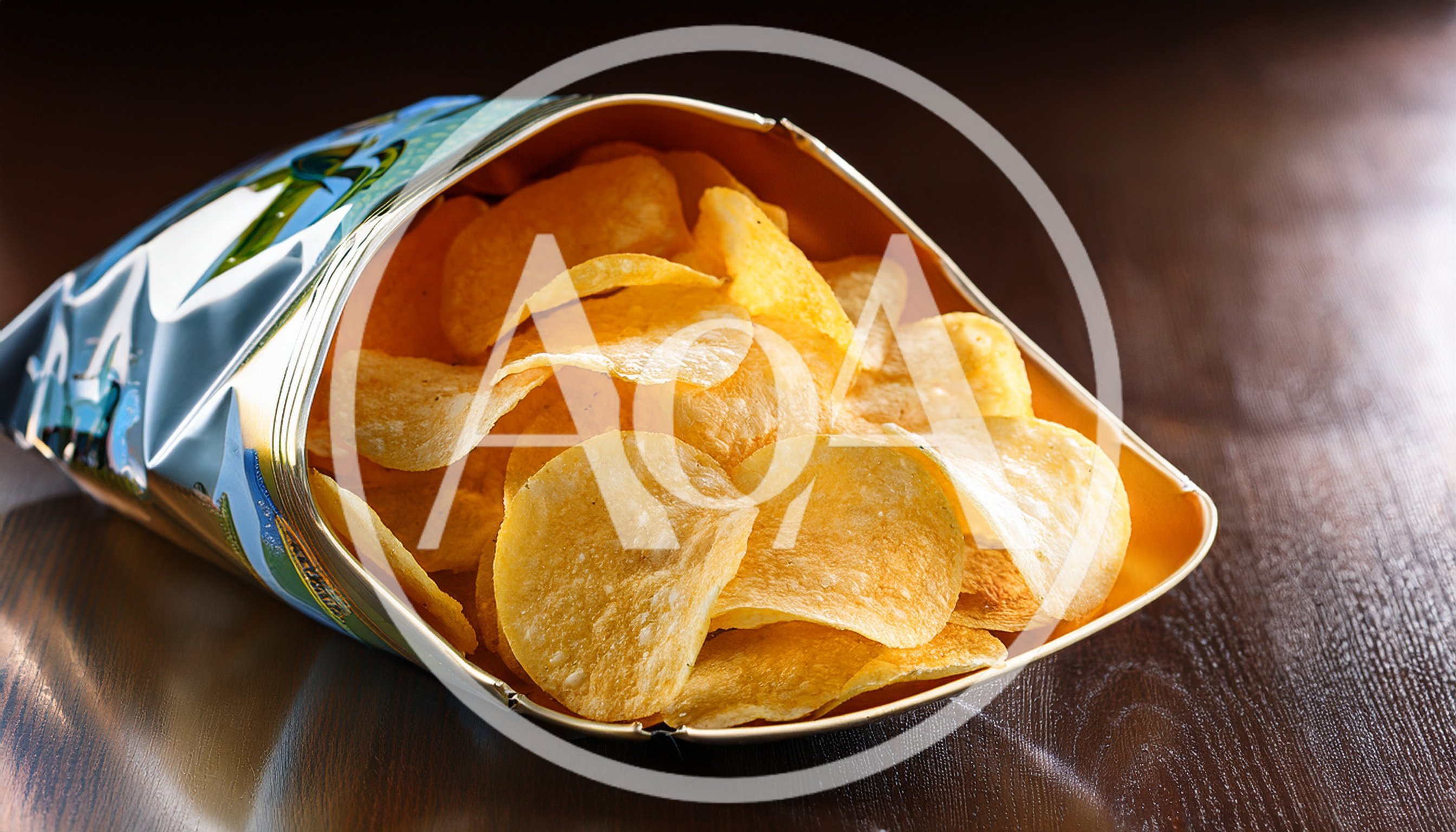 Open Bag Of Crispy Potato Chips On Wooden Table