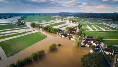 Aerial View Of Flooded Rural Landscape And Houses