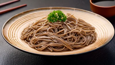 Plate Of Soba Noodles With Parsley Garnish