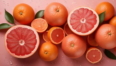 Fresh Grapefruits and Oranges on Pink Background