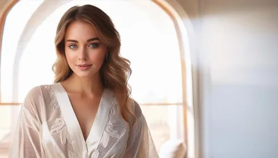 Beautiful Woman Wearing A Lace Robe In A Bright Room