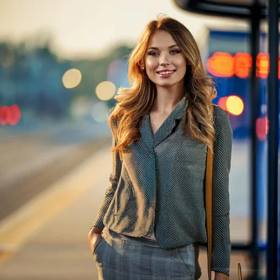Young Woman Standing At A City Bus Stop
