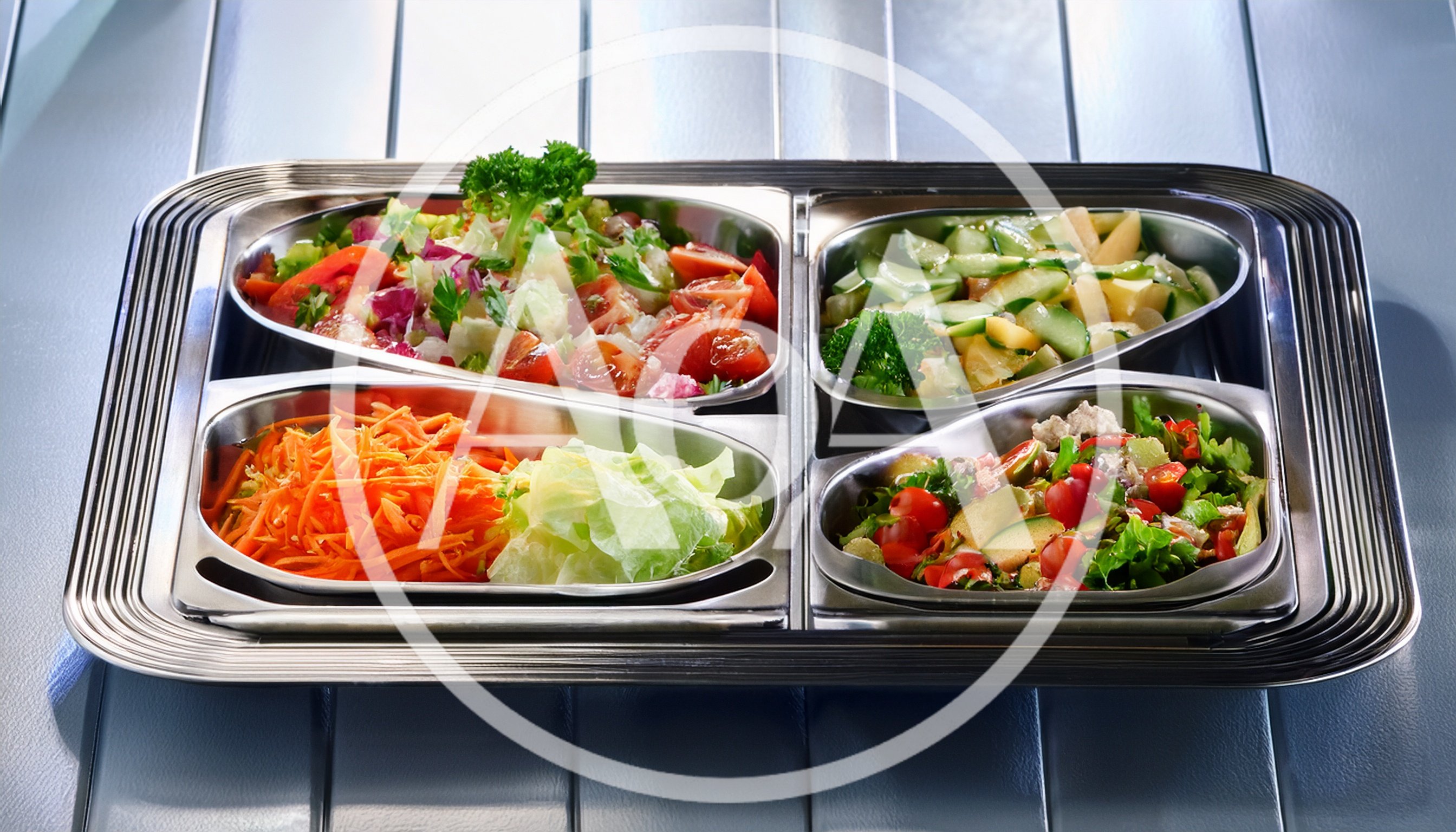 Stainless Steel Tray With Four Fresh Vegetable Salads