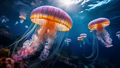 Bioluminescent Jellyfish Swimming In Deep Ocean Waters
