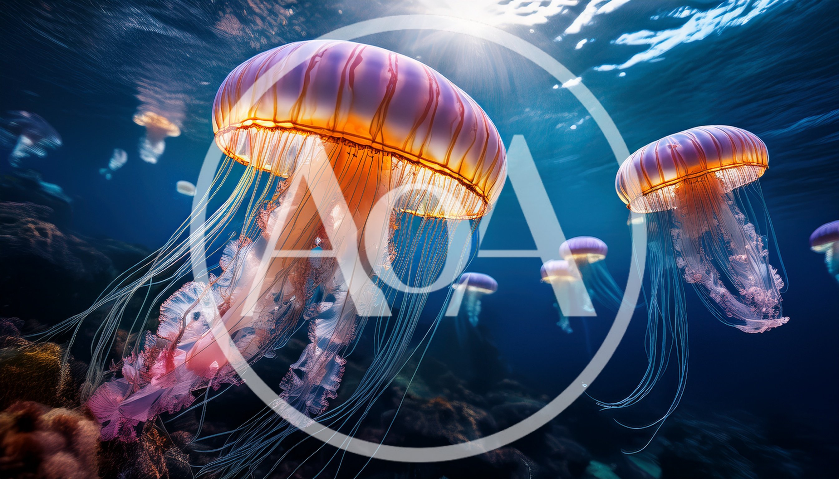 Bioluminescent Jellyfish Swimming In Deep Ocean Waters
